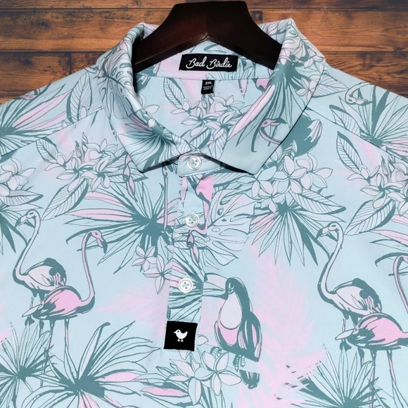 Bad Birdie Other - Bad Birdie Tropical Watch Golf Polo Mens 2XL Flamingo Toucan Hawaiian Pastel AOP